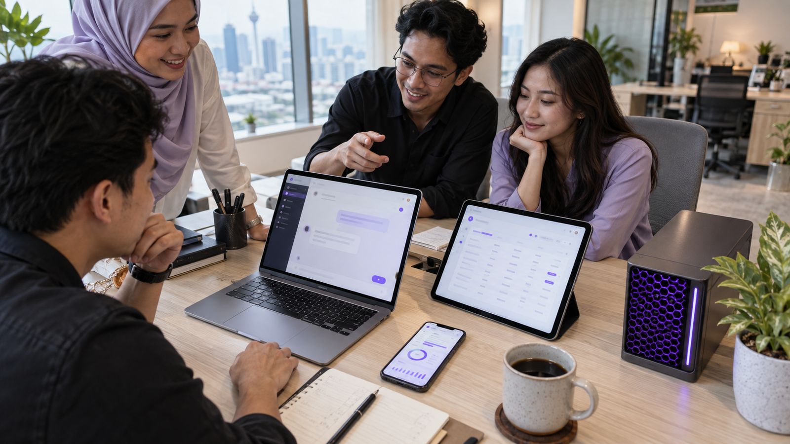 Colleagues at an office table using a laptop, tablet and phone, each showing a different AI app, beside a compact AiServa server