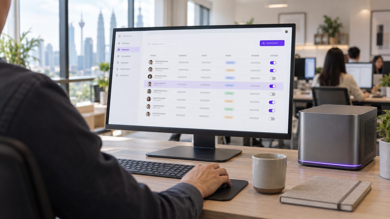 An administrator at a pale oak desk managing staff roles and permissions in the AiServa Client Console, beside a compact graphite AiServa server with a violet light